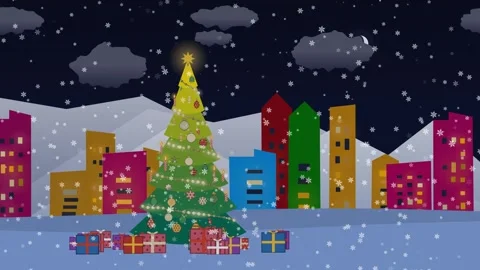 Festive animation of a decorated Christmas tree and gifts in a snowy city at 스톡 동영상 338180433