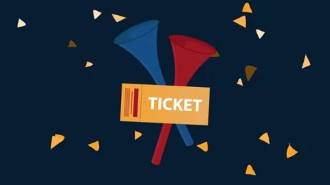 Festive animation of two horns and ticket with falling confetti celebration.. Stock Footage 334267771