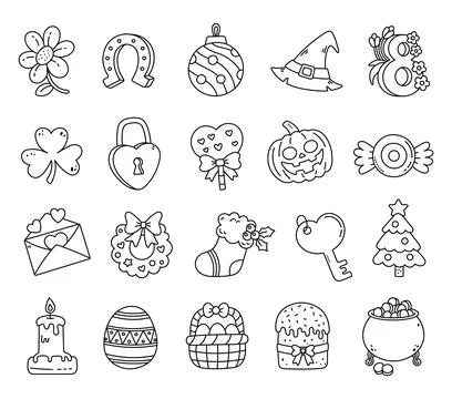 Festive attribute set in outline line art Stock Illustration