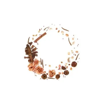 Festive autumn composition. Circle frame from nature elements Stock Photos
