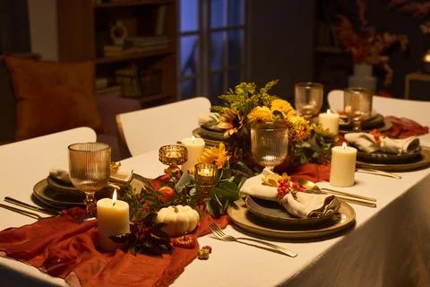 Festive Autumn Dinner Table Setting Decorated for Thanksgiving Stock Photos