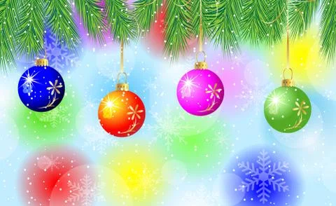 Festive background with the branches of christmas tree and varicoloured balls Stock Illustration