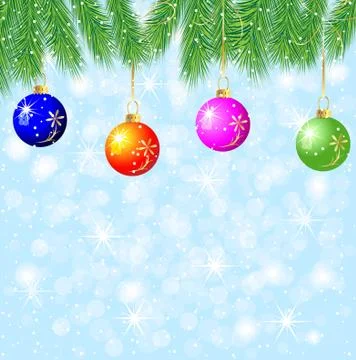Festive background with the branches of christmas tree and varicoloured balls Stock Illustration