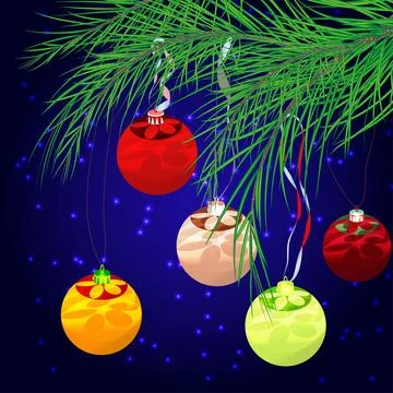 Festive background with bright balls and tree branches. Stock Illustration
