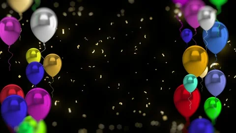 Festive background with falling confetti and colorful balloons Stock Footage 345341989