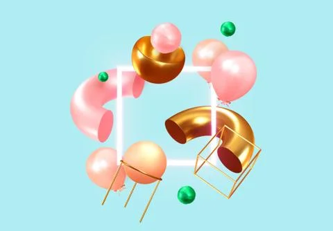 Festive background with helium balloons, 3d geometric objects. Celebrate a bi Stock Illustration