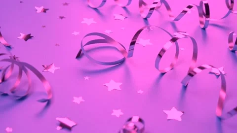 Festive background with pink serpentine and confetti stars decorative Stock Footage 221485645