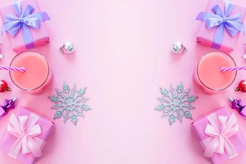 Festive background for text composition flat lay Christmas items gift box rib Stock Photos