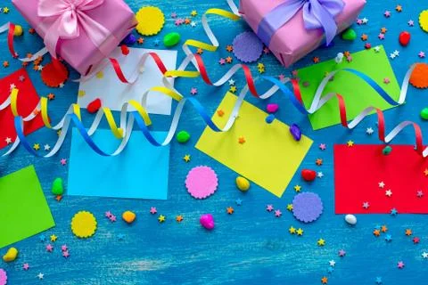 Festive background for text composition flat lay Christmas items gift box rib Stock Photos