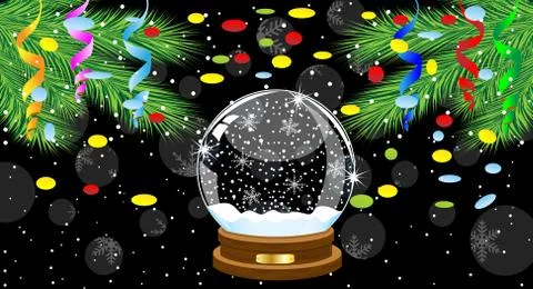 Festive ball and branches of tree with a serpentine and confetti Stock Illustration