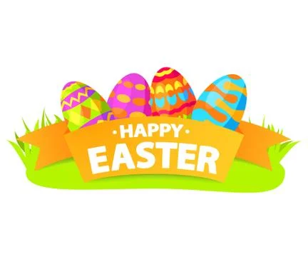 Festive banner. Happy Easter eggs on a grass the painted lie ornament. Illustrazione stock