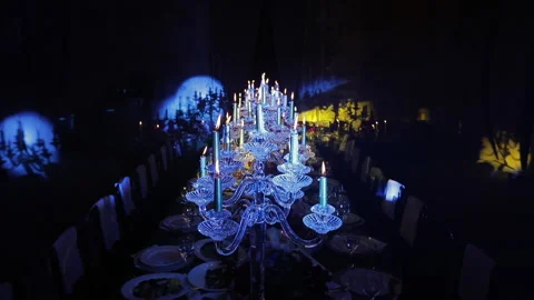 Festive banquet table with candles on the table Stock Footage 137540727
