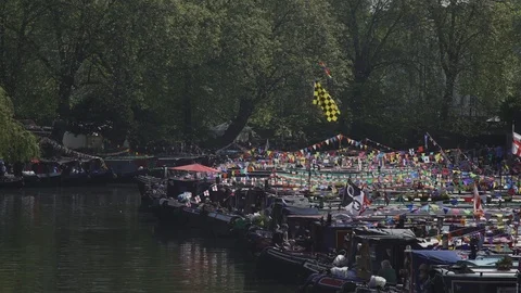 Festive barges with bunting at Little Venice Stock Footage 93200529