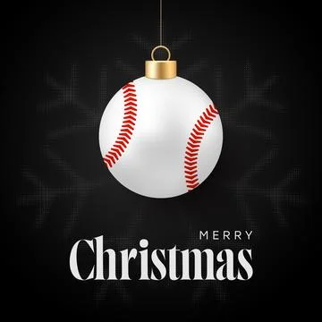 Festive baseball bauble with red stitches, elegantly hanging against a dark.. Stock Illustration