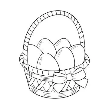 A festive basket with a bow full of Easter eggs doodle style. Hand drawn Illustration