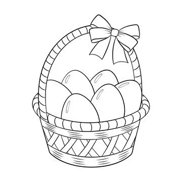 A festive basket with a bow full of Easter eggs doodle style. Hand drawn Illustration