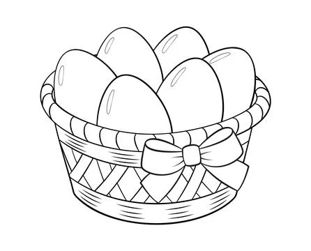 A festive basket with a bow full of Easter eggs doodle style. Hand drawn Illustration