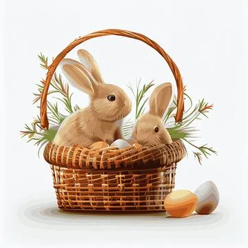 Festive basket with cute rabbit and easter orthodox eggs on a light backgroun Stock Illustration