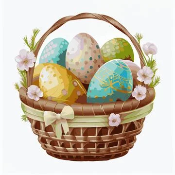 Festive basket of Easter Orthodox eggs on a white background - Vector Stock Illustration