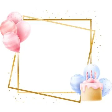 Festive Birthday Balloon Frame Vector Illustration with Cake, Confetti, and.. Stock Illustration