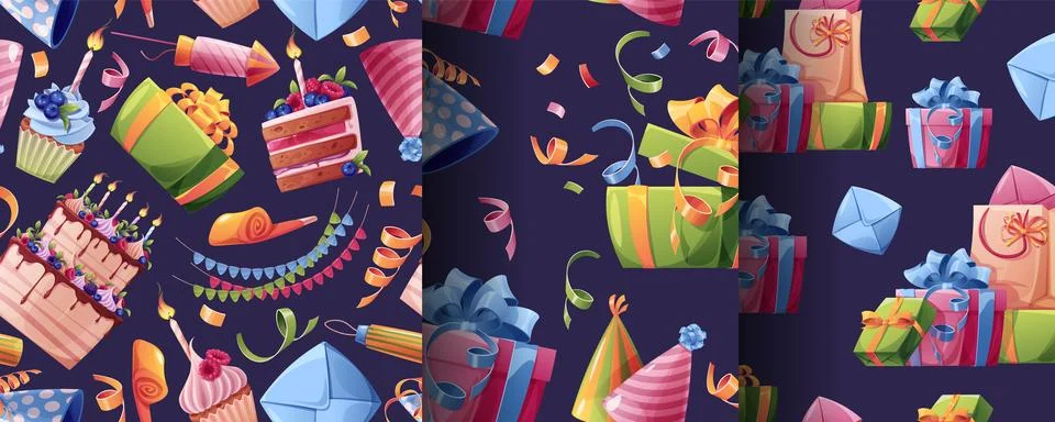 Festive Birthday Pattern Set with Cake, Gifts, Fireworks and Confetti. Party 스톡 일러스트