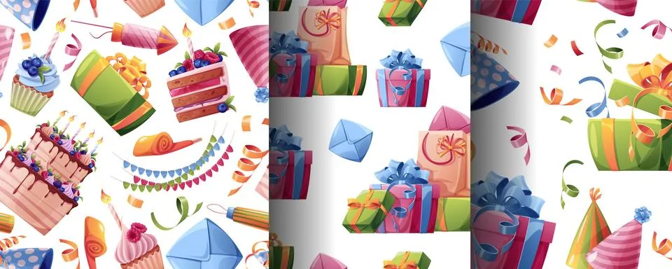 Festive Birthday Pattern Set with Cake, Gifts, Fireworks and Confetti. Party 스톡 일러스트