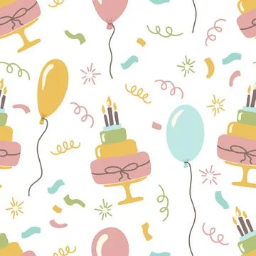 Festive birthday seamless pattern design background with cakes, balloons, and Illustrazione stock