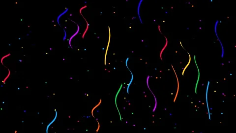 Festive black background with falling colorful confetti and streamers. Stock Footage 336274829