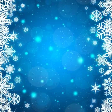 Festive blue bokeh background with a border of white snowflakes Stock Illustration