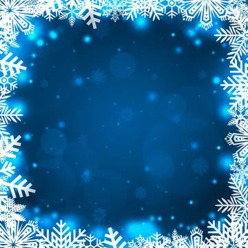Festive blue bokeh background with a frame of white snowflakes Stock Illustration