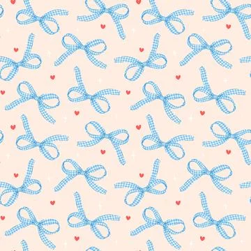 Festive Blue Gingham Ribbon Bow Seamless Pattern Repeating Isolated on Back.. 스톡 일러스트