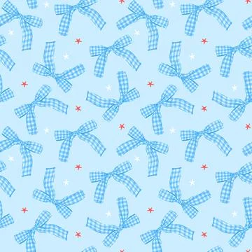 Festive Blue Gingham Ribbon Bow Seamless Pattern Repeating Isolated on Back.. Illustrazione stock