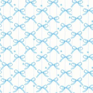 Festive Blue Gingham Ribbon Bow Seamless Pattern Repeating Isolated on Stri.. 스톡 일러스트