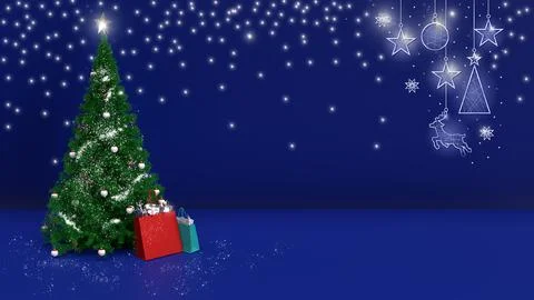 Festive Blue Holiday Studio with Falling Snow and Elegant Christmas Decorati 스톡 일러스트