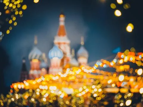 Festive blurred background of St. Basil's Cathedral or Cathedral of Vasily the Stock Photos