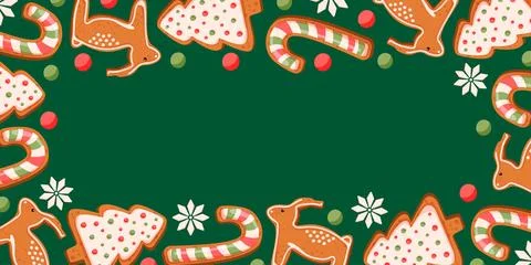 Festive border frame with gingerbread cookie, candy cane, reindeer, Christmas Stock Illustration