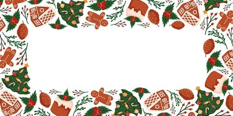Festive border frame with gingerbread cookie, Christmas tree, pine cone, holly Stock Illustration