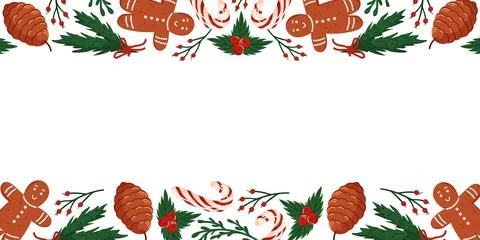 Festive border frame with of gingerbread man, candy cane, pine cone, holly berry Stock Illustration