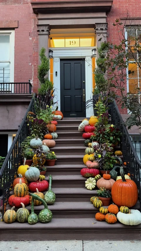Festive Brownstone Stoop with Pumpkins and Gourds in New York West Village at Stock-Footage 348353451