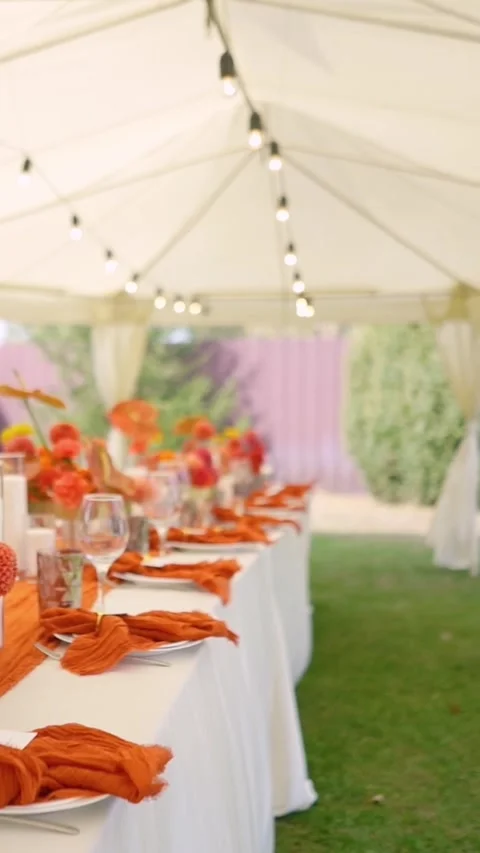 Festive buffet and many delicious dishes with glasses at banque Stock Footage 305039331