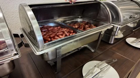 Festive Buffet Chafing Dish Sausages Stock Footage 292162093