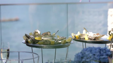 Festive buffet table with snacks and drinks Stock Footage 282789870