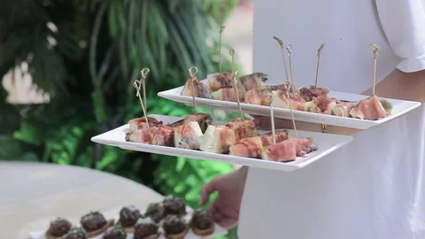 Festive buffet table with snacks and drinks Stock Footage 283903179