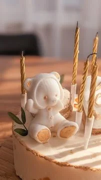 Festive cake on the table, candles and flowers for the holiday Stock Photos