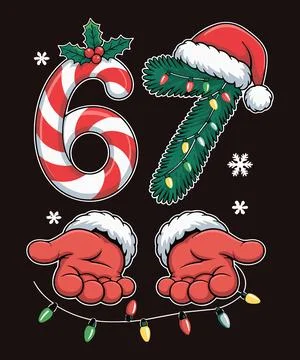 Festive Candy Cane And Pine Branch Number Sixty Seven With Cheerful Santa Glo Stock-Illustration