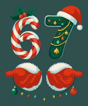 Festive Candy Cane And Pine Branch Number Sixty Seven With Cheerful Santa Han Stock-Illustration