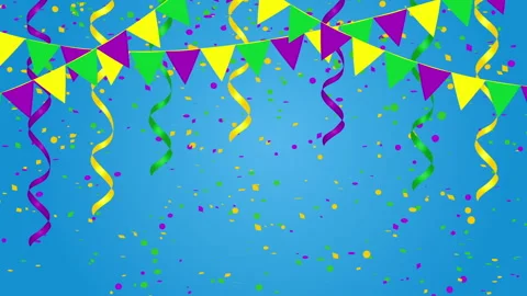 Festive carnival background with bunting flags, confetti and serpentine Stock Footage 85587746