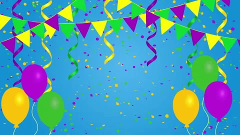 Festive carnival background with bunting flags, confetti and balloons Stock Footage 85587942