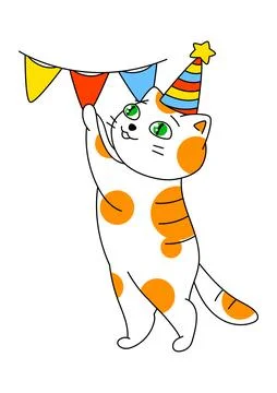 Festive cat hangs flags. Cartoon illustration of cute kitten pet. Stock Illustration