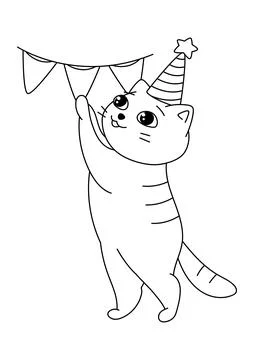 Festive cat hangs flags. Cartoon illustration of cute kitten pet. Stock Illustration